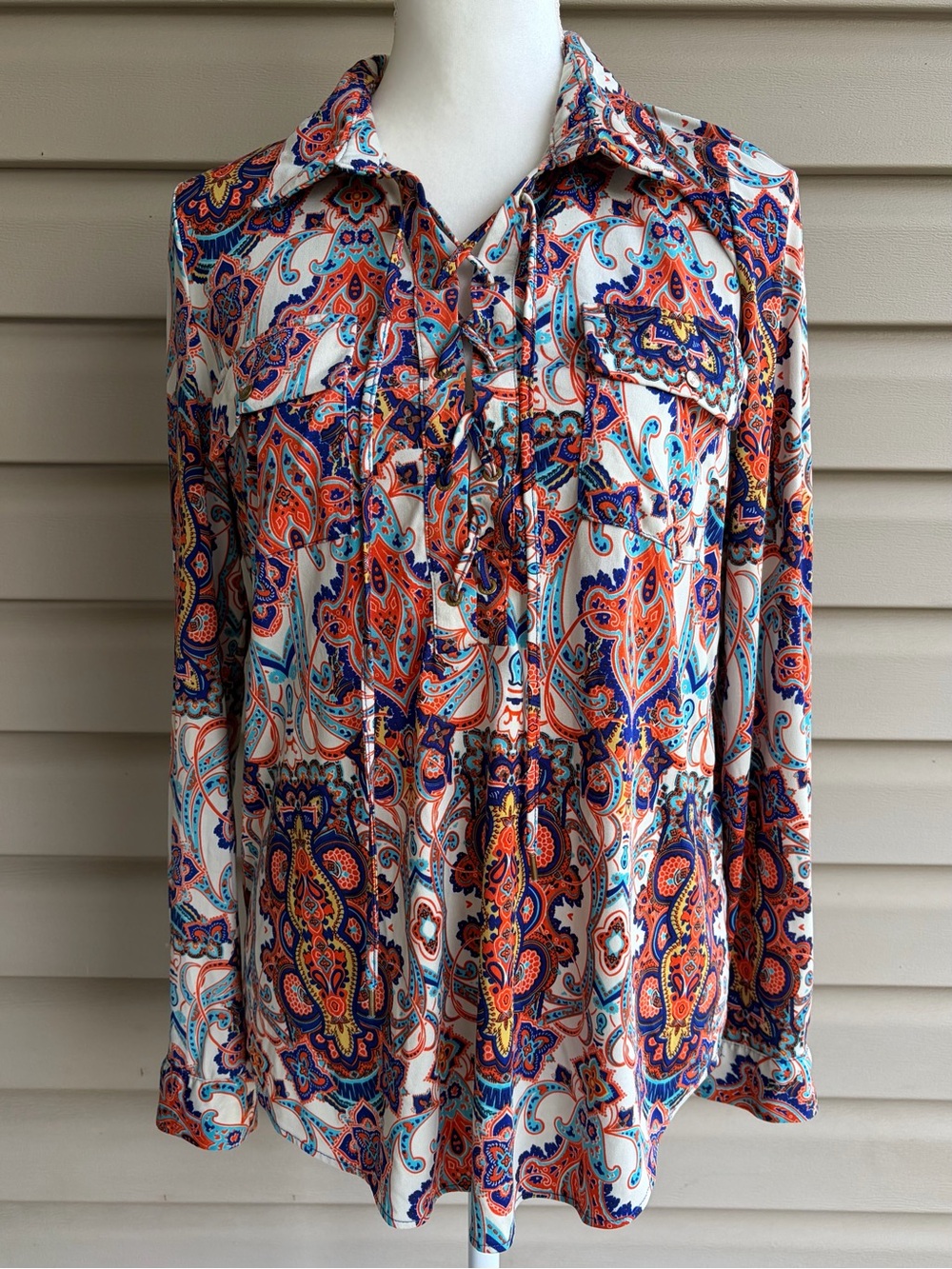 •BCBGMAXAZRIA• Paisley Lace-Up Knit Boho Tunic Blouse - Size Medium